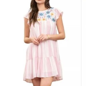 Perch By Blu Pepper White Pink Striped Embroidered Babydoll Dress Plus Size 2XL